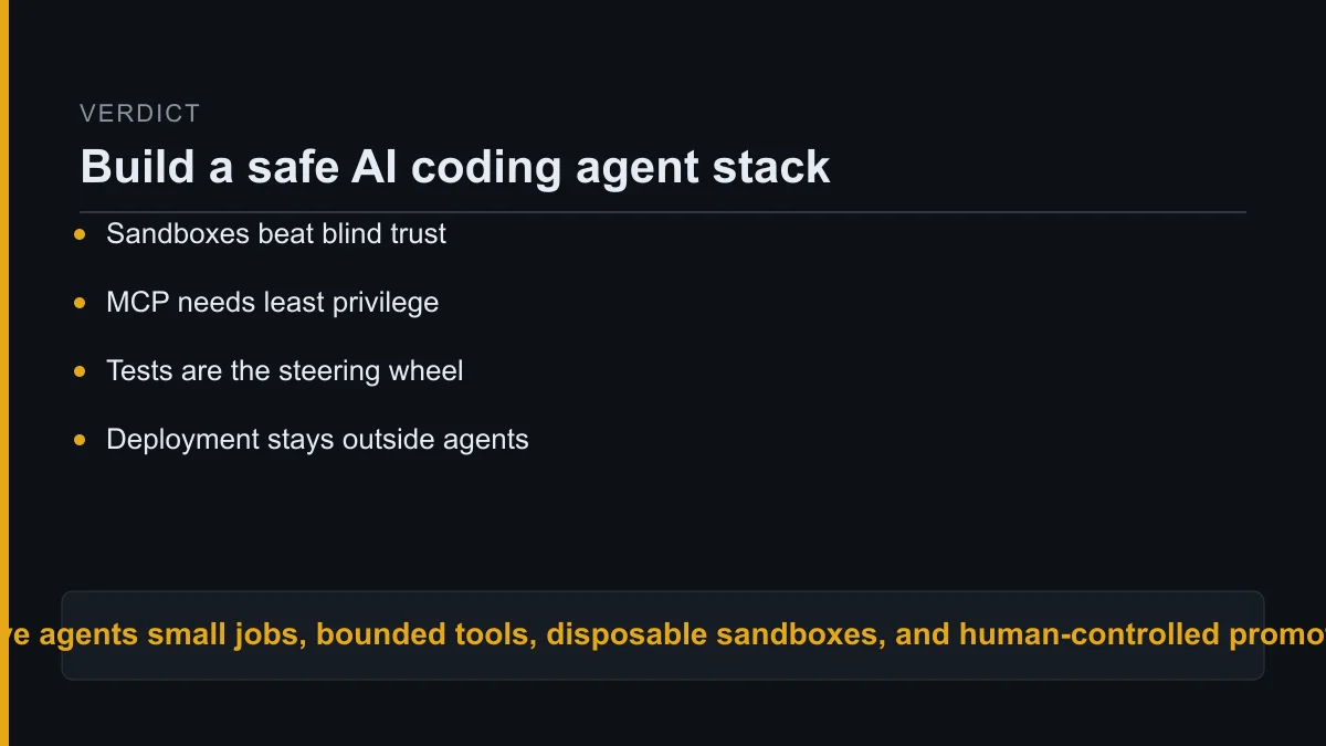 AI coding agent stack, verdict: Give agents small jobs, bounded tools, disposable sandboxes, and human-controlled promotion.