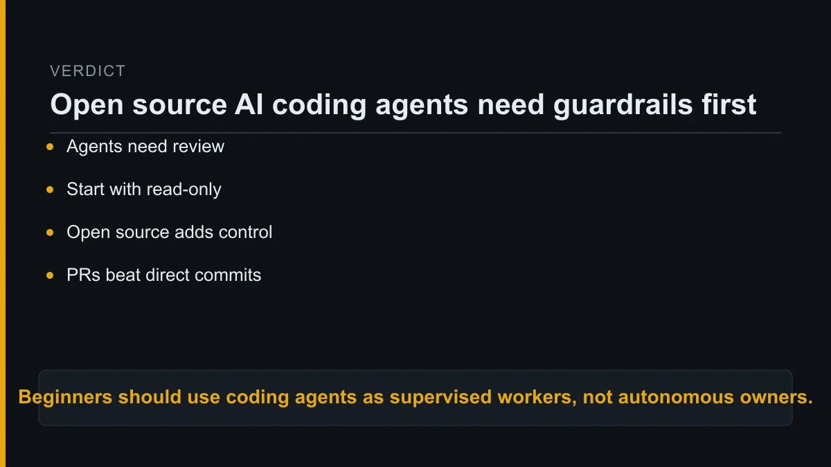 open source ai coding agents, verdict: Beginners should use coding agents as supervised workers, not autonomous owners.